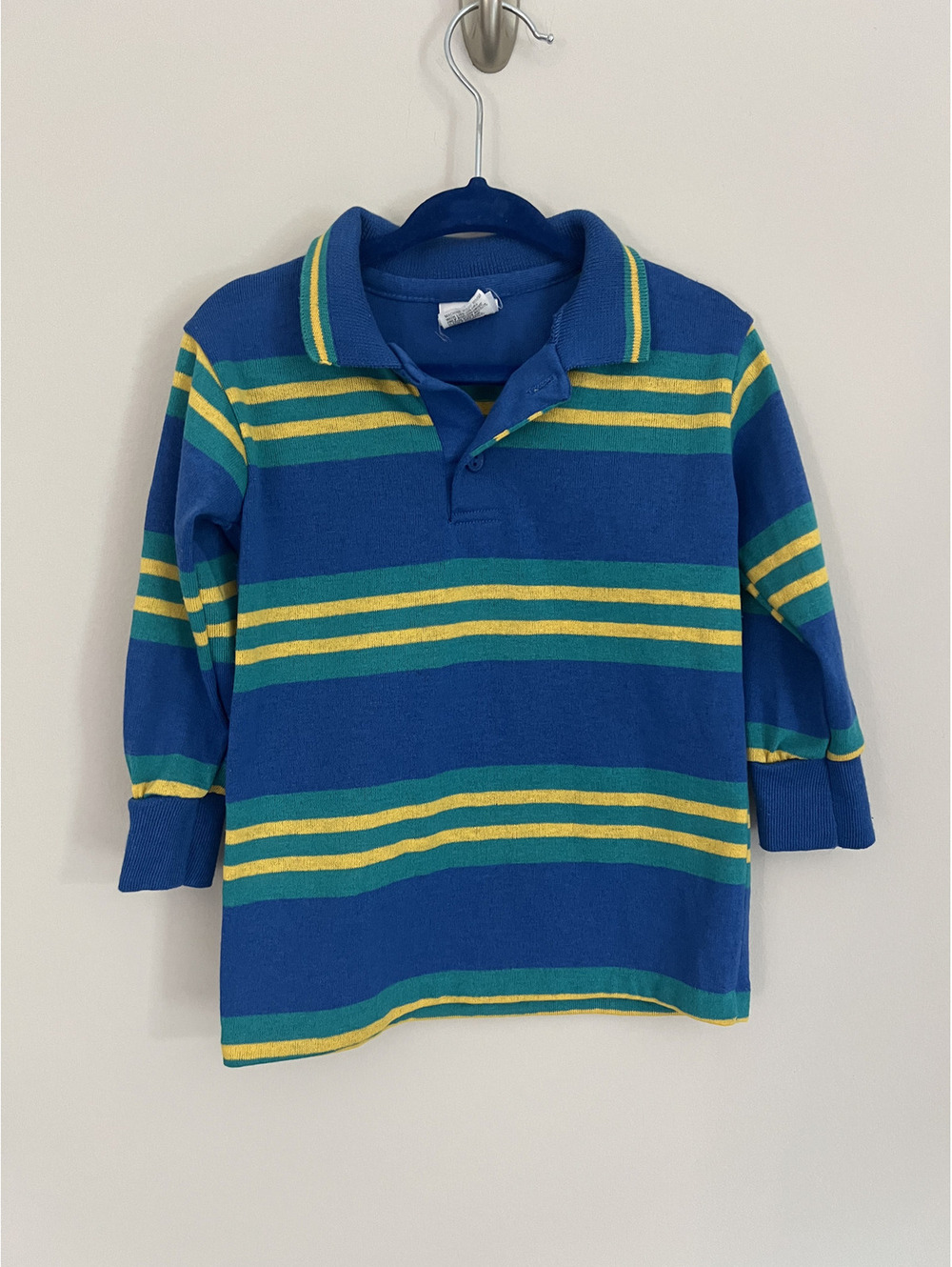 Vintage Garanimals Blue Yellow Green Striped Polo Long Sleeve Shirt